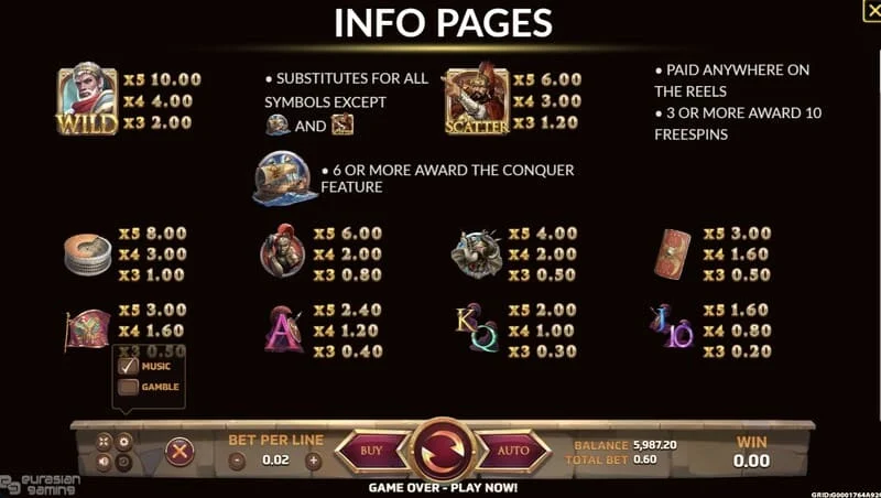 Ancient Rome Deluxe AI - impormasyon sa screen at paytable